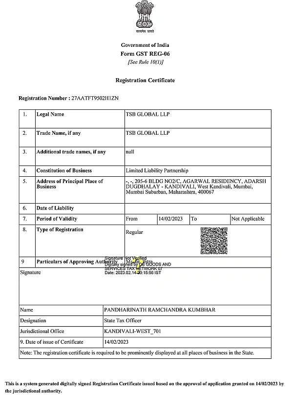 GST Certificate  of TSB Global LLP (Steel Exchange)